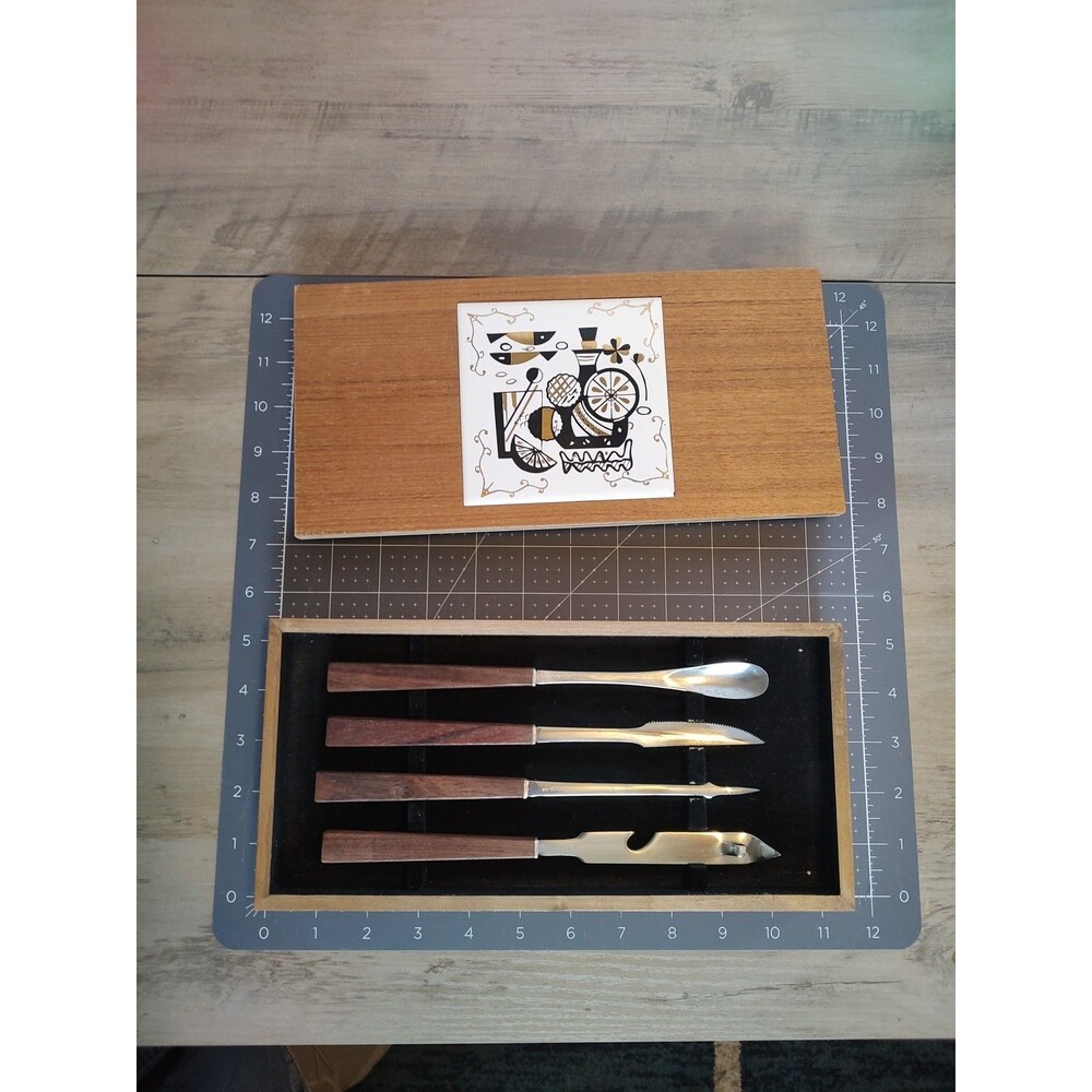 MCM Wooden Barware Utensil & Trivet Set & Box JAPAN George Briard Style